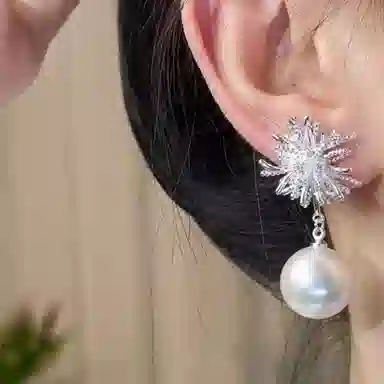 澜耀 银色烟花珍珠耳坠 小众素款欧若精灵风高级感耳饰 合金 耳环 女款