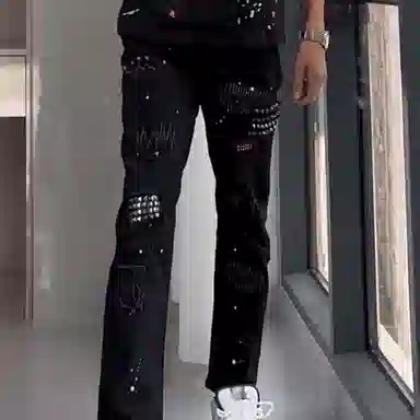 悍戈 铆钉设计小众拼接欧美嘻哈泼墨修身潮流潮牌破洞补丁裤子牛仔裤 男女同款