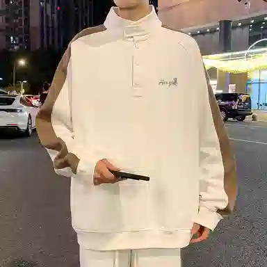 悍戈 美式高街撞色插肩设计半开襟立领休闲宽松套头复古拼接长袖卫衣 男女同款