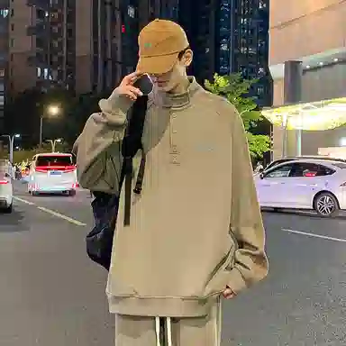 悍戈 美式高街撞色插肩设计半开襟立领休闲宽松套头复古拼接长袖卫衣 男女同款