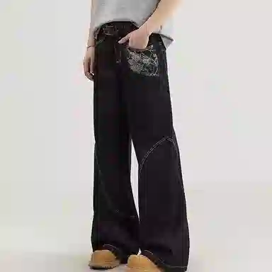 悍戈 美式复古拼接小众时尚高级感柔软舒适百搭阔腿长裤牛仔裤 男女同款