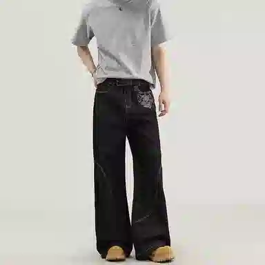 悍戈 美式复古拼接小众时尚高级感柔软舒适百搭阔腿长裤牛仔裤 男女同款