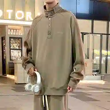 悍戈 美式高街撞色插肩设计半开襟立领休闲宽松套头复古拼接长袖卫衣 男女同款