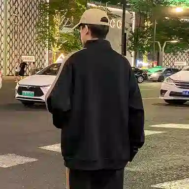 悍戈 美式高街撞色插肩设计半开襟立领休闲宽松套头复古拼接长袖卫衣 男女同款