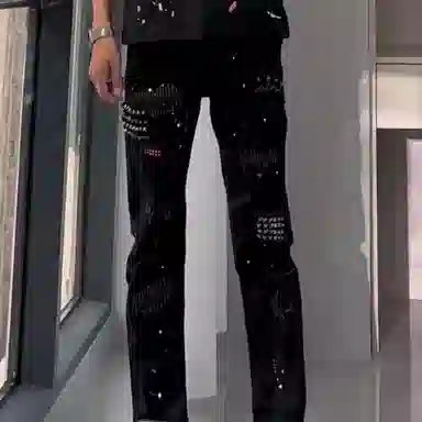 悍戈 铆钉设计小众拼接欧美嘻哈泼墨修身潮流潮牌破洞补丁裤子牛仔裤 男女同款