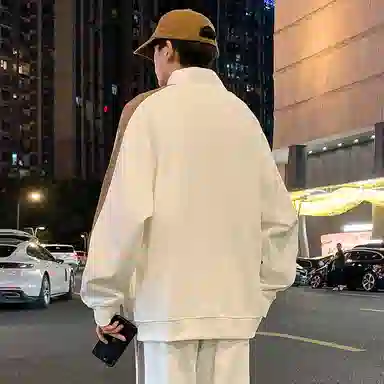 悍戈 美式高街撞色插肩设计半开襟立领休闲宽松套头复古拼接长袖卫衣 男女同款