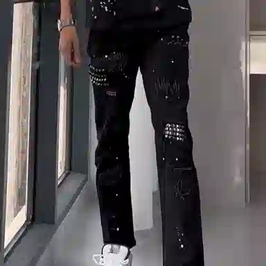 悍戈 铆钉设计小众拼接欧美嘻哈泼墨修身潮流潮牌破洞补丁裤子牛仔裤 男女同款