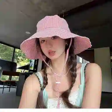 优莲茵 韩系小格纹慵懒登山帽显脸小百搭小众遮阳帽 大头围荷叶边显脸小轻便透气户外出游简约百搭 棉 渔夫帽 男女同款情侣款