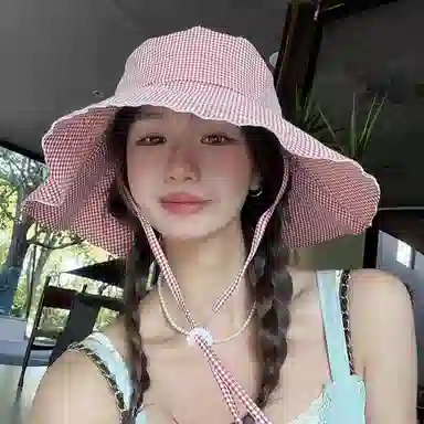 优莲茵 韩系小格纹慵懒登山帽显脸小百搭小众遮阳帽 大头围荷叶边显脸小轻便透气户外出游简约百搭 棉 渔夫帽 男女同款情侣款