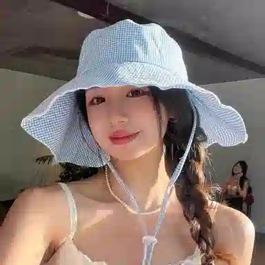 优莲茵 韩系小格纹慵懒登山帽显脸小百搭小众遮阳帽 大头围荷叶边显脸小轻便透气户外出游简约百搭 棉 渔夫帽 男女同款情侣款