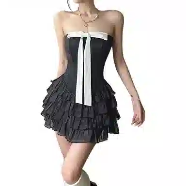 哒头下雨不愁 蝴蝶结抹胸性感法式辣妹性感蛋糕短裙无袖连衣裙 女款 黑色