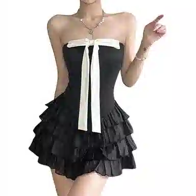 哒头下雨不愁 蝴蝶结抹胸性感法式辣妹性感蛋糕短裙无袖连衣裙 女款 黑色