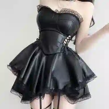 哒头下雨不愁 纯色拼接修身高腰适中无袖连衣裙 女款