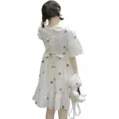 哒头下雨不愁 重工花朵刺绣浅杏色娃娃领荷叶边复古森系甜美短袖连衣裙 女款