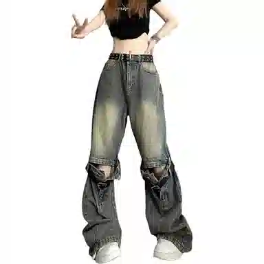 哒头下雨不愁 休闲微喇宽松牛仔裤 女款 蓝色