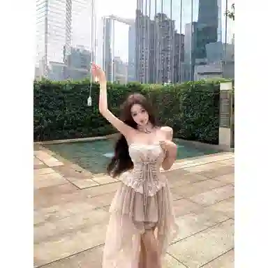 哒头下雨不愁 纯色拼接合身高腰薄款无袖连衣裙 女款