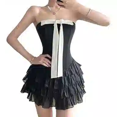 哒头下雨不愁 蝴蝶结抹胸性感法式辣妹性感蛋糕短裙无袖连衣裙 女款 黑色