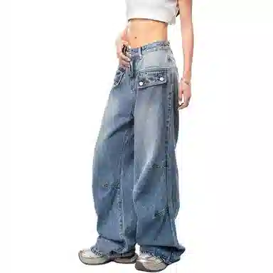 哒头下雨不愁 宽松阔腿适中牛仔裤 女款 蓝色