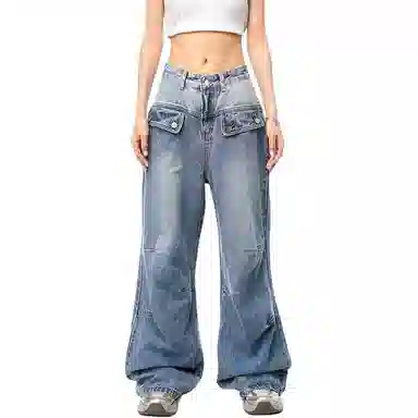 哒头下雨不愁 宽松阔腿适中牛仔裤 女款 蓝色