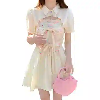 哒头下雨不愁 田园风纯欲碎花吊带连衣裙奶甜减龄短袖罩衫裙装套装 女款