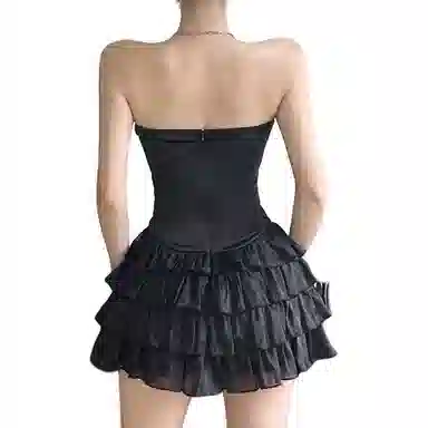 哒头下雨不愁 蝴蝶结抹胸性感法式辣妹性感蛋糕短裙无袖连衣裙 女款 黑色
