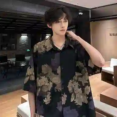 黑马漫画 泰国休闲新中式上衣复古巴洛克花短袖衬衫 男女同款 黑色