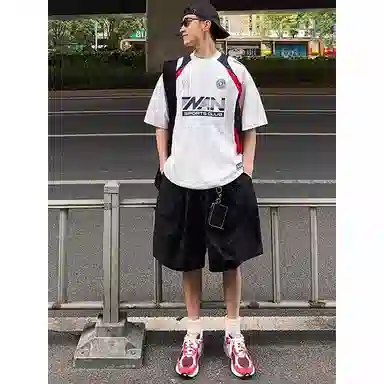 黑马漫画 外穿美式潮牌简约户外运动宽松直筒裤子美式潮牌潮流百搭中裤薄款速干五分裤休闲短裤 男女同款