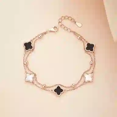 佐卡伊 幸运四叶草 双层小众设计轻奢高级感浪漫精致优雅日常百搭时尚叠戴可调节#好运 玛瑙 手链 女款