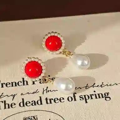 彤彤兔 法式红色耳环女简约气质圆圈耳饰品 合金树脂 耳钉 女款