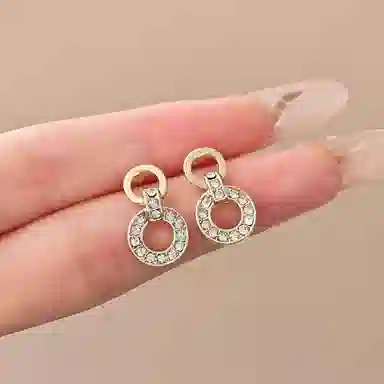 彤彤兔 韩系简约小巧金属感镶钻圆圈耳环时尚几何小众气质高级耳饰女 合金 耳钉 女款