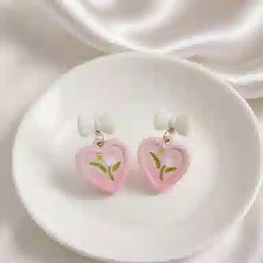 彤彤兔 甜美小清新爱心蝴蝶结耳环女日韩可爱郁金香花朵气质耳饰品#好运 合金树脂 耳钉 女款