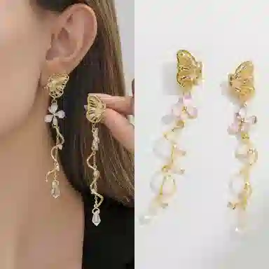 彤彤兔 梦幻不对称蝴蝶花朵耳环女复古耳坠超仙耳饰品#好运 合金树脂 耳钉 女款