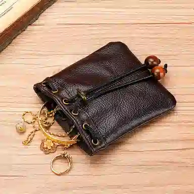 掐尖 复古福袋串珠抽绳束口 真皮 零钱包 男女同款情侣款 深棕色