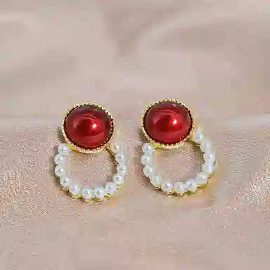 彤彤兔 红色圆圈耳环女气质轻奢风高级感耳饰品 合金树脂 耳钉 女款