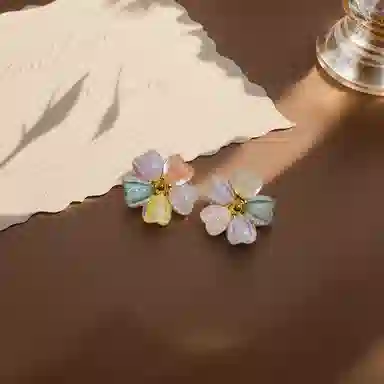 彤彤兔 森系小清新彩色花朵耳环女时尚气质五彩花瓣耳饰品 树脂 耳钉 女款