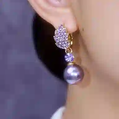 彤彤兔 紫色镶钻树叶耳钉小众设计感气质耳坠耳饰品 合金树脂 耳环 女款