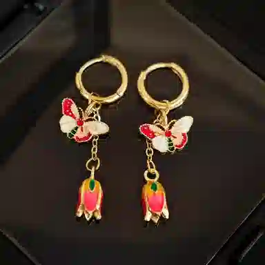 彤彤兔 新中式滴油蝴蝶花朵耳扣中国风气质耳钉高级感通勤耳饰#好运 合金 耳环 女款