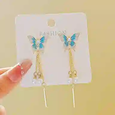 彤彤兔 蝴蝶流苏耳坠女小众设计高级感气质百搭耳钉耳饰品#好运 合金树脂 耳环 女款