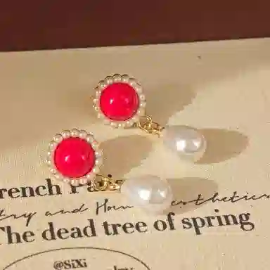 彤彤兔 法式红色耳环女简约气质圆圈耳饰品 合金树脂 耳钉 女款