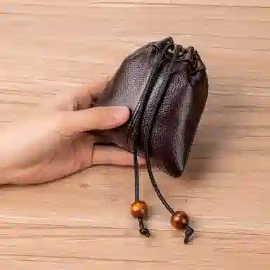 掐尖 复古福袋串珠抽绳束口 真皮 零钱包 男女同款情侣款 深棕色