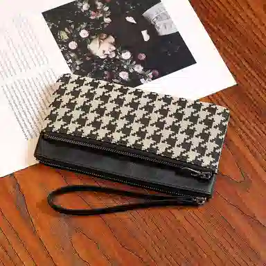 掐尖 千鸟格小钱夹薄款硬币零钱袋拉链小巧精致手腕包时尚零钱 帆布 钱包 女款 黑白格/棕色