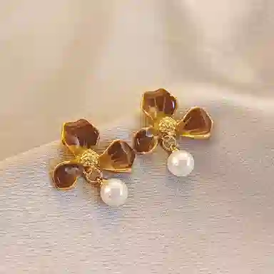 彤彤兔 韩系美拉德咖色系渐变花瓣耳环女独特气质小众设计感耳饰 合金树脂 耳钉 女款