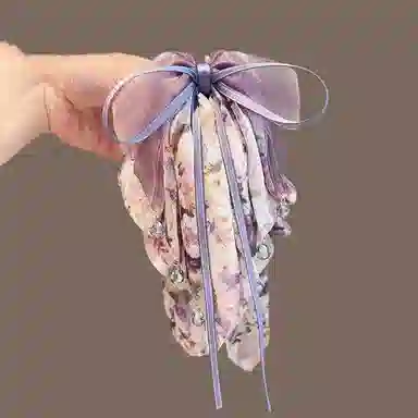 彤彤兔 仙女风紫色碎花蝴蝶结马尾夹显发量后脑发抓中式#好运 布艺 发夹 女款