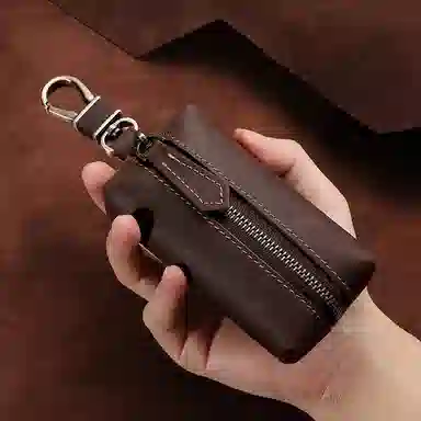 掐尖 复古皮套拉链挂扣真皮锁匙收纳包 疯马皮 钥匙包 常规 男女同款情侣款 咖啡色