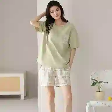 棉基因 纯色格子家居服带胸垫防凸点简约舒适亲肤吸湿排汗透气薄款短袖睡衣套装 女款 绿色