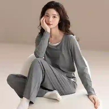 棉基因 纯棉舒适柔软假两件设计感百搭时尚简约休闲可外穿 睡衣套装 女款