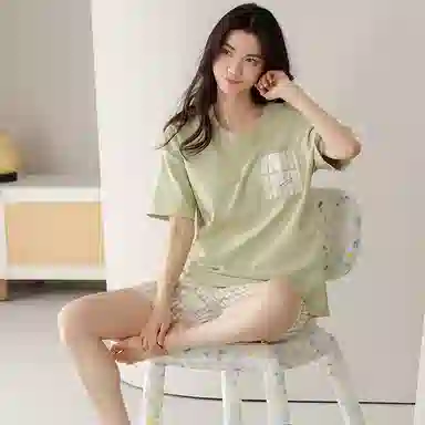 棉基因 纯色格子家居服带胸垫防凸点简约舒适亲肤吸湿排汗透气薄款短袖睡衣套装 女款 绿色