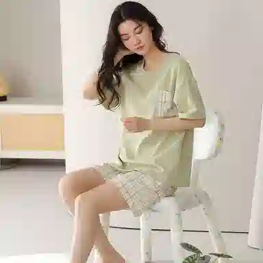棉基因 纯色格子家居服带胸垫防凸点简约舒适亲肤吸湿排汗透气薄款短袖睡衣套装 女款 绿色
