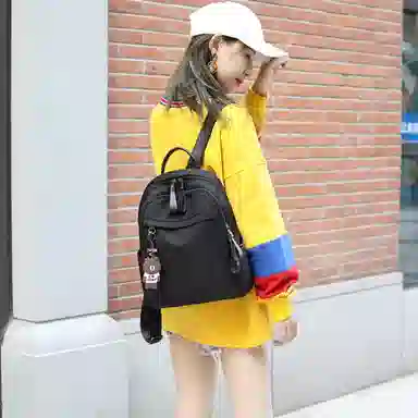 老人头 潮流时尚日常通勤防水背包 织物 双肩包 常规 男女同款情侣款 黑色