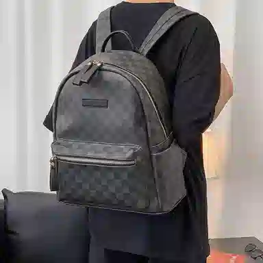 老人头 时尚潮流复古简约百搭轻便 合成革 双肩包 男女同款情侣款 黑色